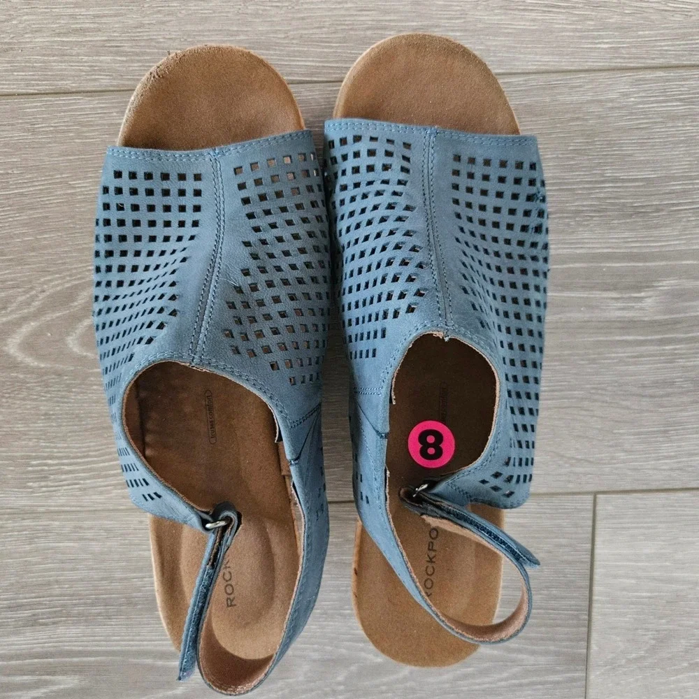 Rockport Briah Perf Sling Wedge Sandals Blue Leather Laser Cut V83016 Womens 8W